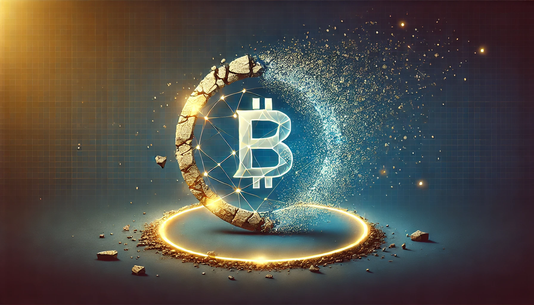 A fading blockchain smart contract dissolves as Fractal’s Ring Contract emerges, symbolizing the next evolution in decentralized tech.