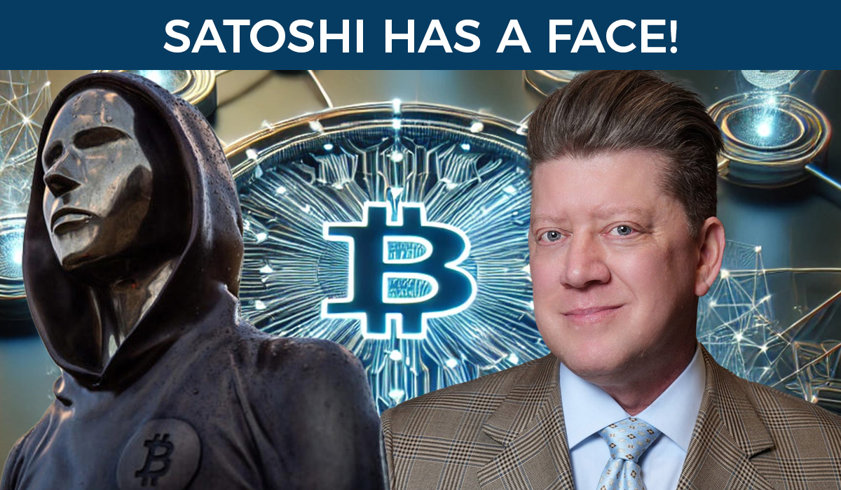 James Vertisan next to a hooded statue with a glowing Bitcoin symbol, connecting him to Satoshi Nakamoto’s identity.