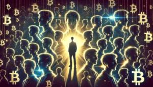Abstract digital artwork depicting the concept of Satoshi Nakamoto, blockchain, and decentralized technology. Bright golden figures and cryptographic elements symbolize Bitcoin’s visionary origins and James Vertisan’s technological evolution.