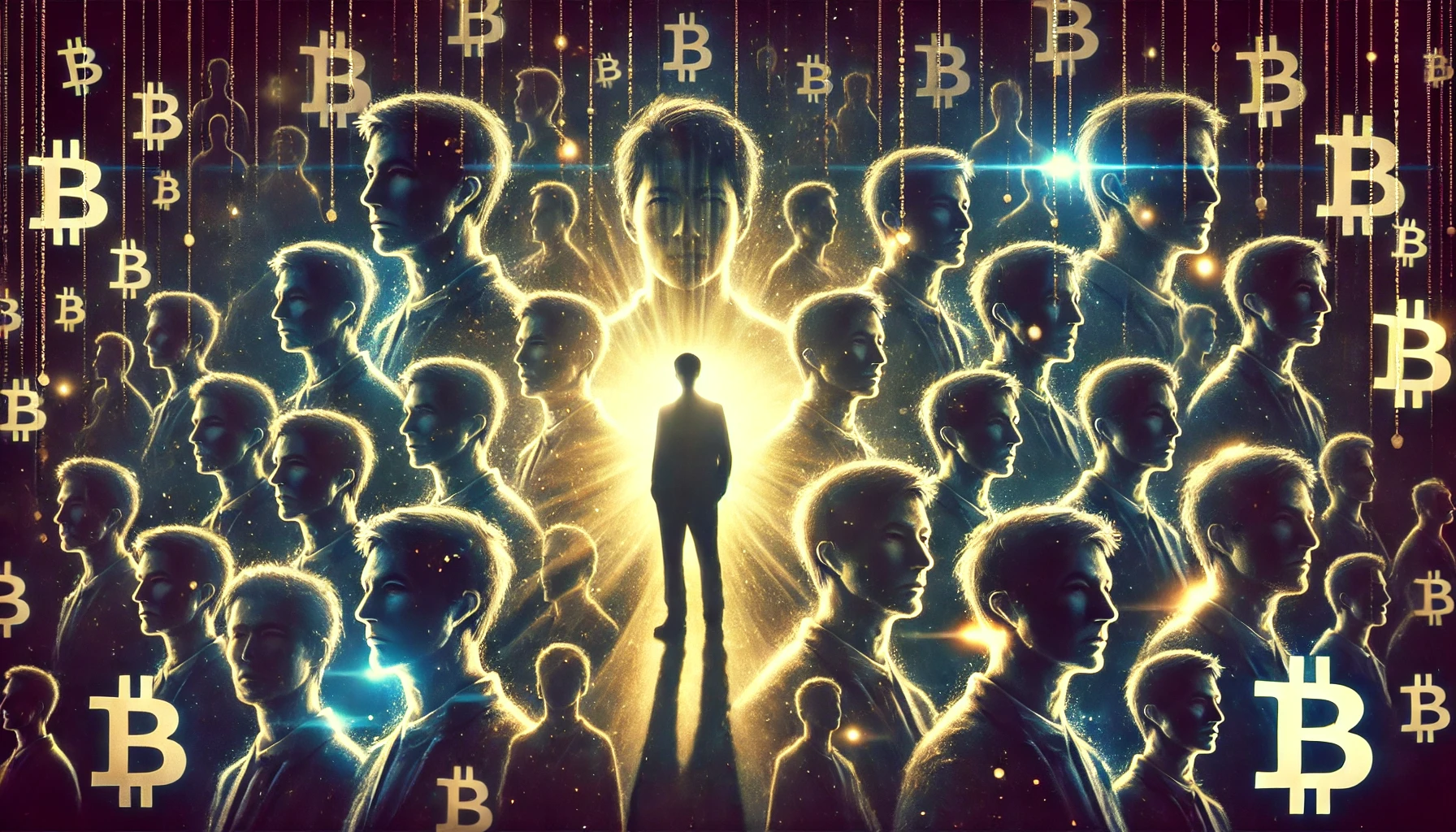 Abstract digital artwork depicting the concept of Satoshi Nakamoto, blockchain, and decentralized technology. Bright golden figures and cryptographic elements symbolize Bitcoin’s visionary origins and James Vertisan’s technological evolution.