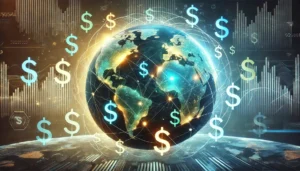 A digital rendering of a globe with all continents interconnected by glowing digital lines. Each continent is connected by glowing dollar signs, symbolizing global financial networks and digital transactions.