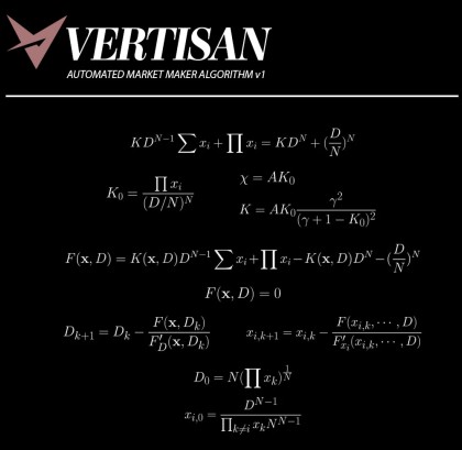 Vertisan Automated Market Maker formula displaying advanced liquidity balancing equations
