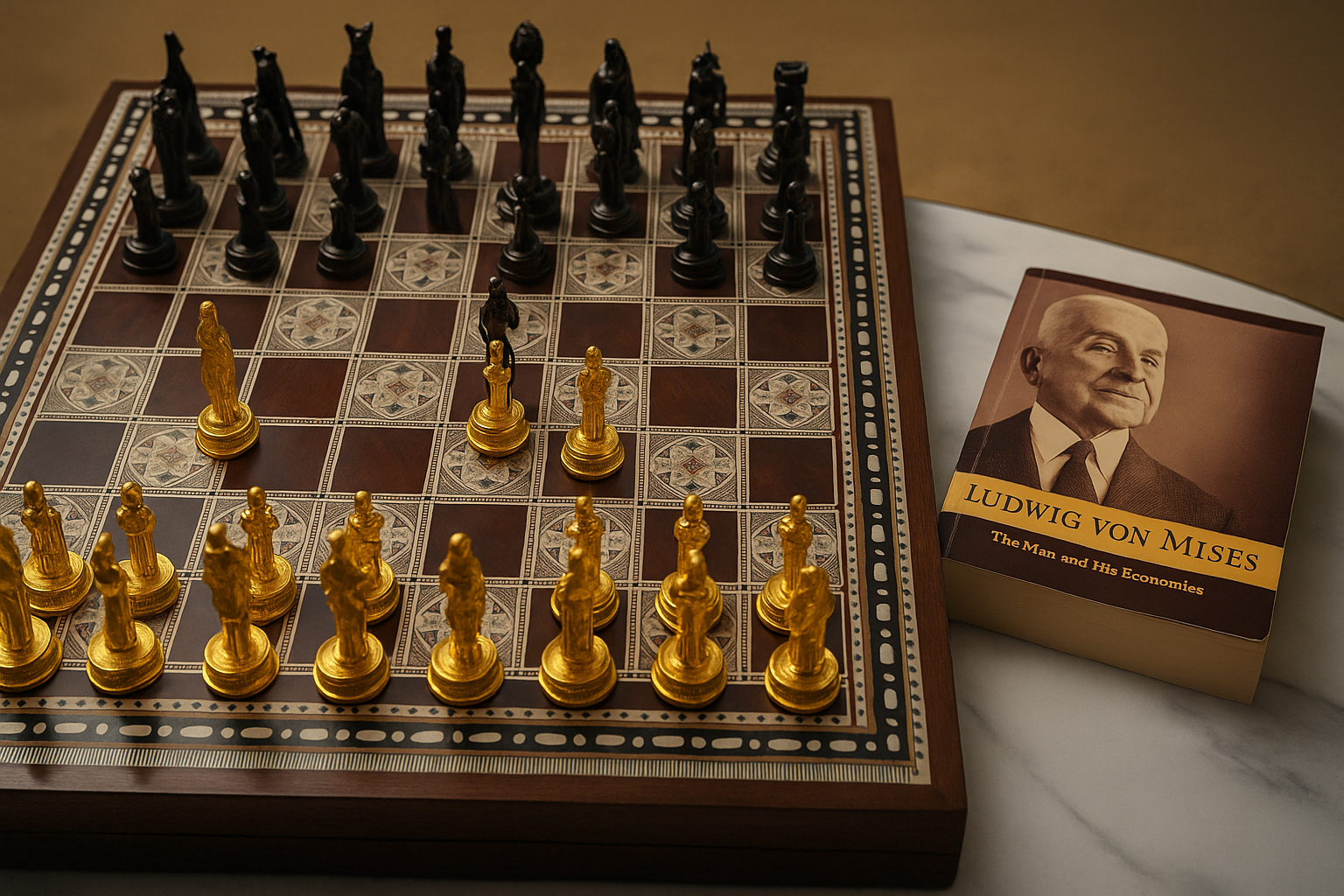 Ornate gold and black chess pieces arranged in a strategic opening on a patterned board, with a book by Ludwig von Mises beside it.