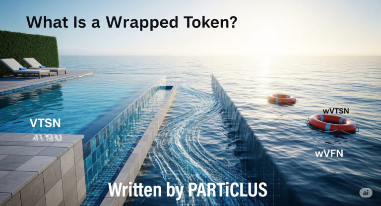 A visual metaphor showing VTSN as a private swimming pool connected to an open ocean where wVTSN and wVFN float, symbolizing how wrapped tokens bridge sovereign systems to public crypto ecosystems.