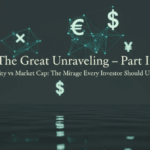 Floating digital currency symbols and network lines reflected on a calm liquid surface, symbolising the illusion of liquidity versus real market depth in digital finance.