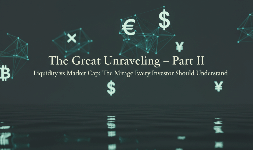 Floating digital currency symbols and network lines reflected on a calm liquid surface, symbolising the illusion of liquidity versus real market depth in digital finance.