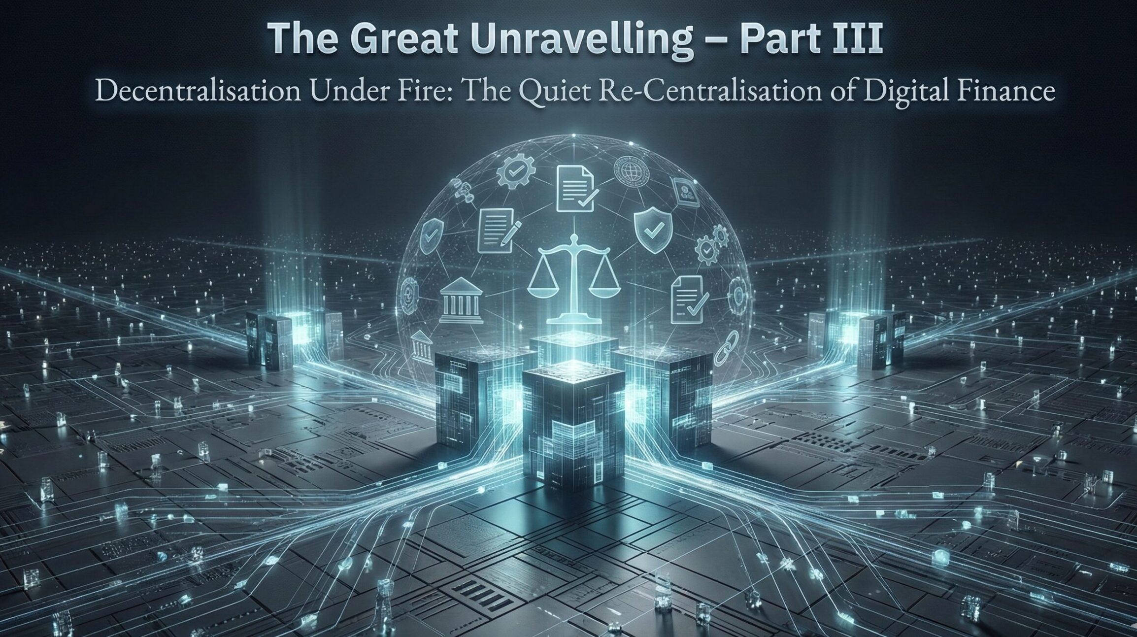 Digital network grid converging into centralised hubs with a regulatory sphere hovering above, symbolising the quiet re-centralisation of digital finance.