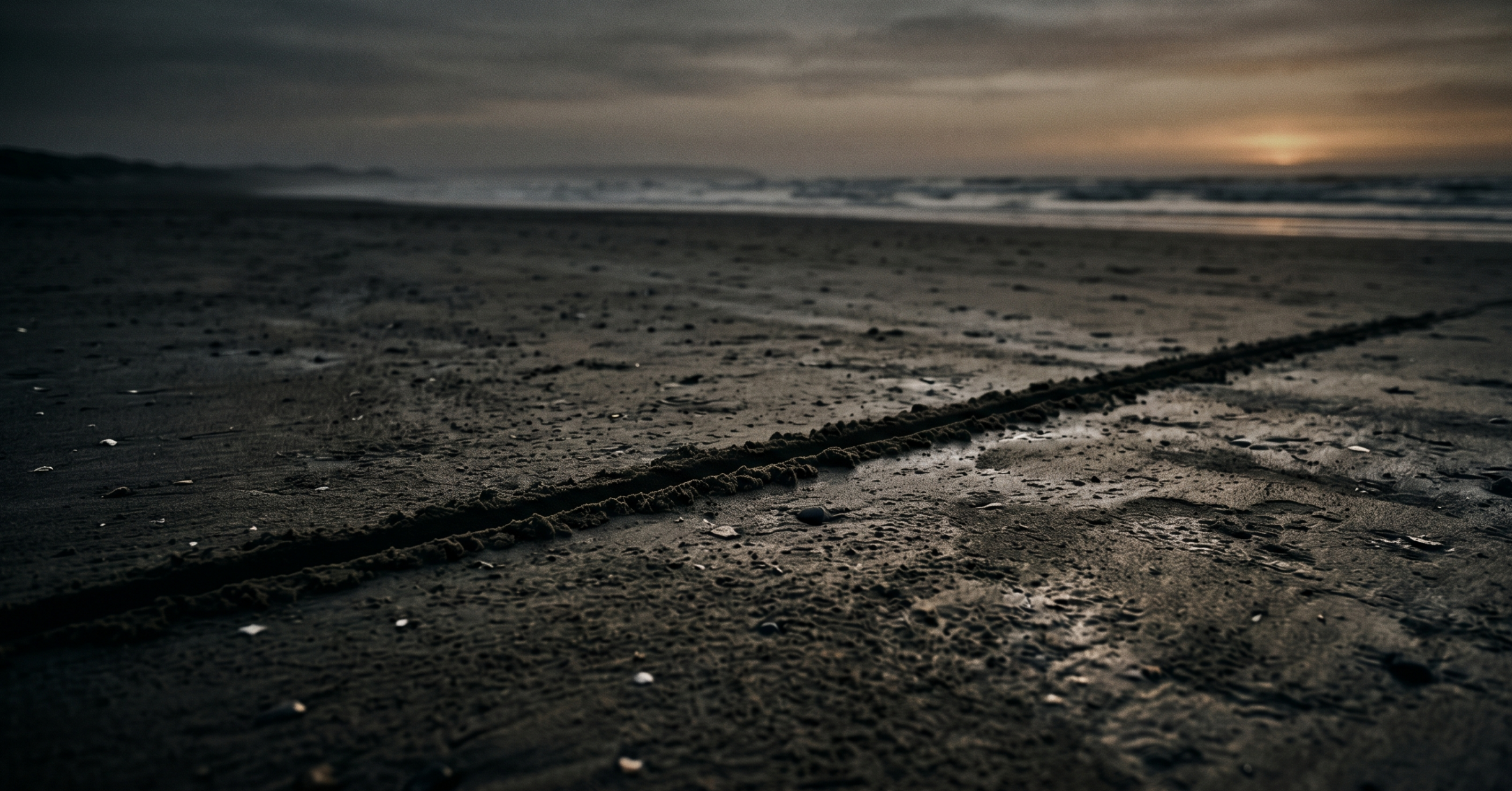 A single dark line across wet sand at dusk, with a distant horizon and faint amber sun.